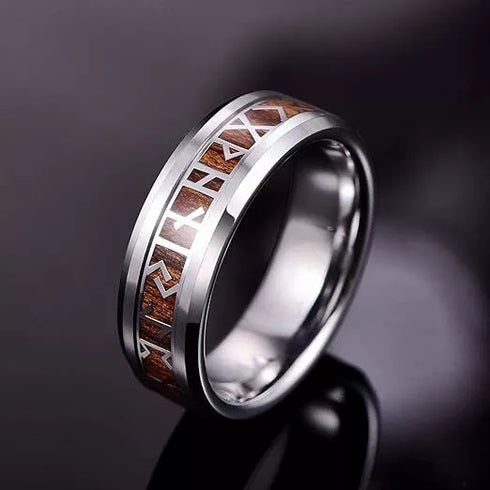 Men's 8mm Tungsten Viking Runes Pattern Wood Inlay Comfort-Fit Wedding Band