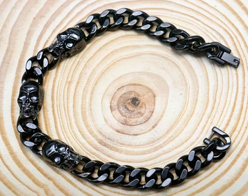 2 Pcs Black Gothic Thorns Skull Rhodium Plated Cuban Halloween Necklace & Bracelet