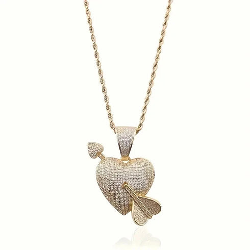 Iced Out Arrow Heart Bling 18K Gold Plated Cubic Zirconia Pendant Necklace