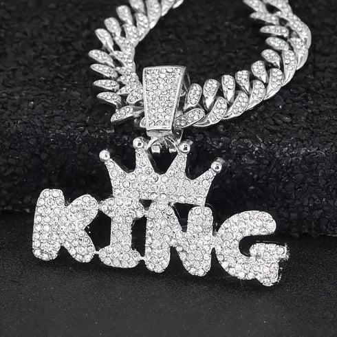 3-Pcs FULLY ICED 14K White Gold Plated CZ Crowned King Cuban Necklace & Bracelet