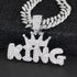 3-Pcs FULLY ICED 14K White Gold Plated CZ Crowned King Cuban Necklace & Bracelet
