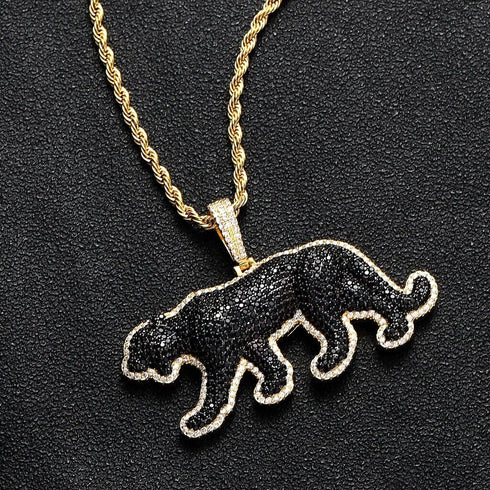Iced Out 14K Gold Plated Cubic Zirconia Black Jaguar Panther Pendant Necklace