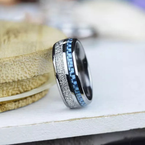 Men's 8mm Tungsten Blue Meteorite Inspired Inlay Comfort-Fit Wedding Band