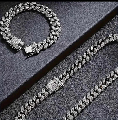 2Pc FULLY ICED 14K White Gold Plated CZ Miami Cuban Link Chain Necklace & Bracelet