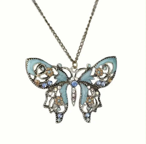 Exaggerated Boho Vintage Hollow Enameled Turquoise Butterfly Pendant Necklace