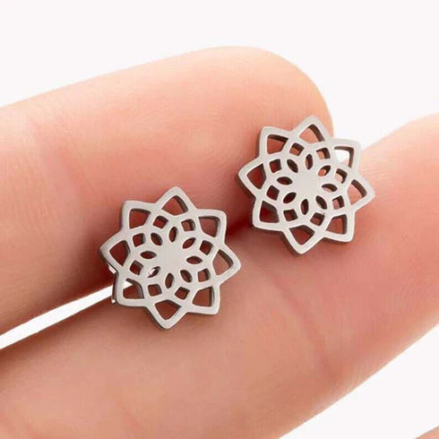 2 Pairs Titanium Steel Black Silver Lotus Mandala Flower Men Women Stud Earrings