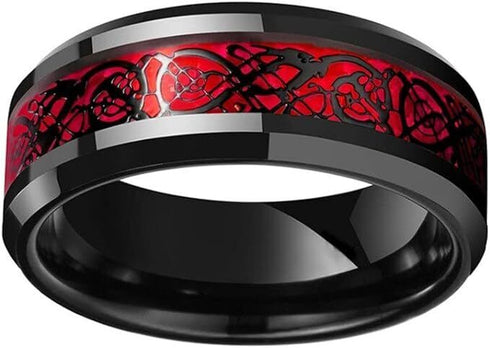 Men's 8mm Tungsten Beveled Edges Red Celtic Dragon Comfort-Fit Wedding Band Ring