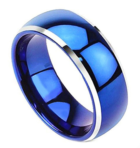 Men 8mm Tungsten Blue Glossed/Brushed Gunmetal Groove Beveled Edges Wedding Band