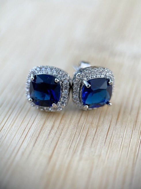 14K White Gold Plated Cushion Cut Square Blue Cubic Zirconia Men Women Earrings