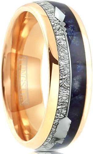 Men's 8mm Rose Gold Tungsten Blue Lapis Lazuli & Meteorite Inspired Wedding Band