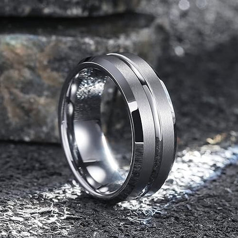 Men 8mm Tungsten Blue Glossed/Brushed Gunmetal Groove Beveled Edges Wedding Band