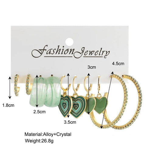 5 Pairs of Golden & Green Hoop Earrings Bohemian Geometric Heart C Shape Jewelry