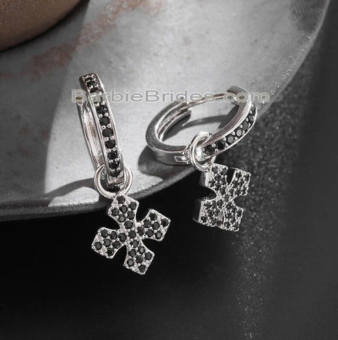 Paved 14K White Gold Plated Black Cubic Zirconia Men Women Cross Dangle Earrings