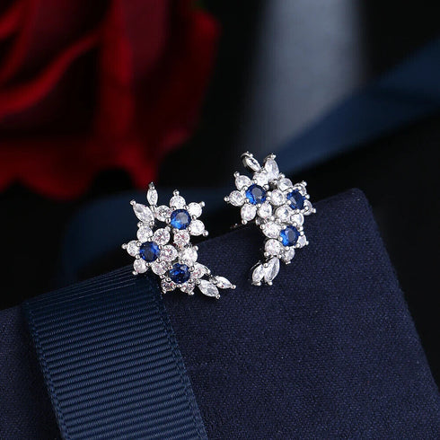 Luxury Cubic Zirconia Blue Sapphire 14K White Gold Plated Earrings for Women