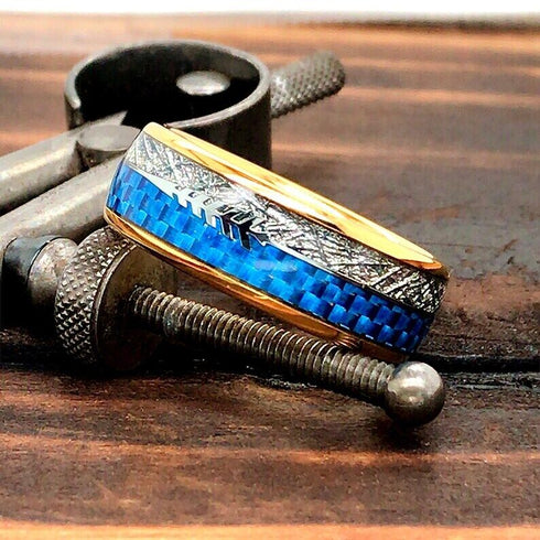 Men's 8mm Tungsten Cupid's Arrow Meteorite Inspired & Blue Lasurite Inlay Band