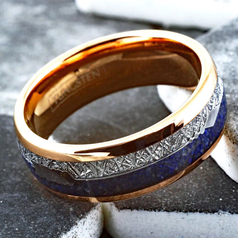 Men's 8mm Rose Gold Tungsten Blue Lapis Lazuli & Meteorite Inspired Wedding Band