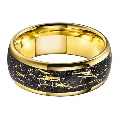 Men's 8mm Titanium Yellow Gold Leaf & Black Sandstone Comfort-Fit Wedding Band