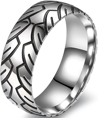 Men 8mm Titanium Motorcycle Tire Tread Pattern & Anodized Inlays Non-Fading Band