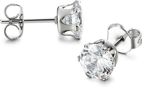 2 Pairs 316L Surgical-Steel Black & Silver Round CZ Men & Women Stud Earrings