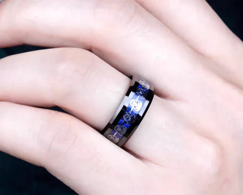 Men 8mm Titanium Black/Blue Laser Skull Carbon Fiber/Matte Black CZ Wedding Band