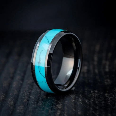 Men 8mm Tungsten Black Turquoise Beveled-Edge Comfort-Fit Polished Wedding Band