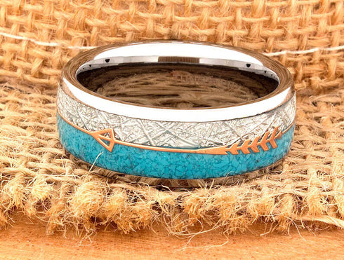 Men's 8mm Tungsten Cupid's Arrow Turquoise Meteorite Inspired Comfort-Fit Band