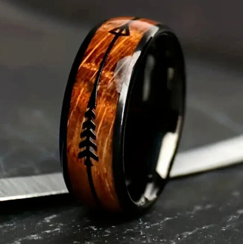 Men's 8mm Tungsten Cupid's Arrow Whiskey Barrel Wood Comfort-Fit Wedding Band