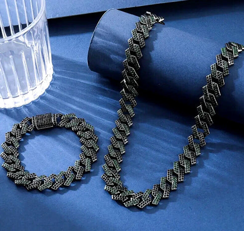 2 Pc FULLY ICED Black Rhodium Plated Cubic Zirconia Necklace & Bracelet