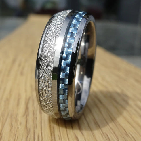 Men's 8mm Tungsten Blue Meteorite Inspired Inlay Comfort-Fit Wedding Band