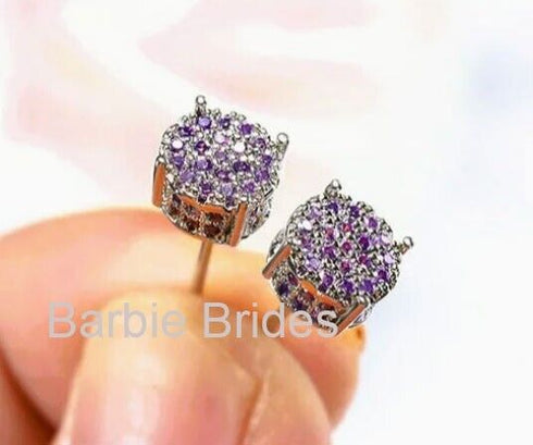 Micro Pave 14K Gold Plated Purple Cubic Zirconia Men Women Cluster Stud Earrings
