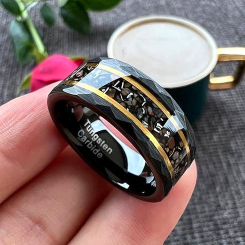 Men's 8mm Tungsten Dinosaur Bone & Meteorite Hammered Comfort-Fit Wedding Band