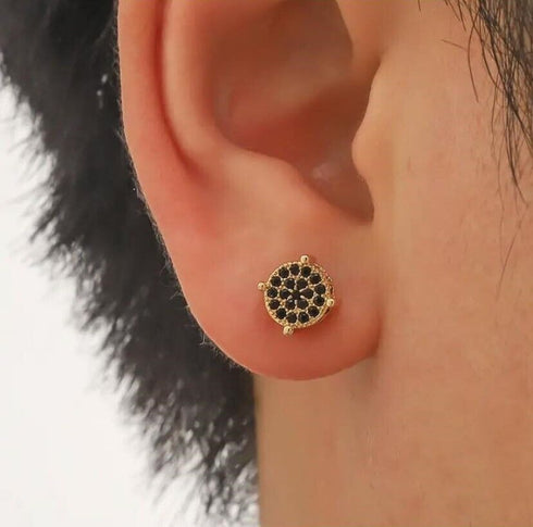 Micro Pave 18K Gold Plated Black Cubic Zirconia Men Women Cluster Stud Earrings