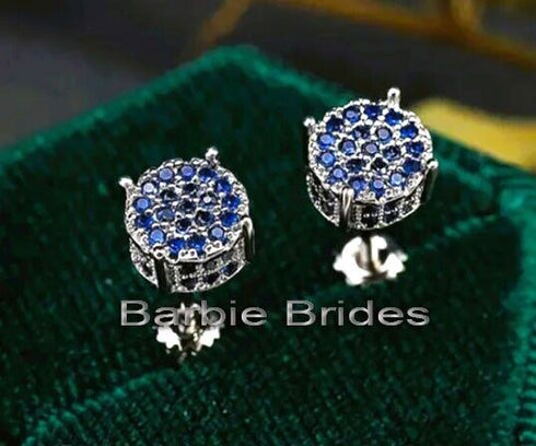 Micro Pave 14K White Gold Plated Blue Cubic Zirconia Men Women Cluster Earrings