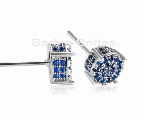 Micro Pave 14K White Gold Plated Blue Cubic Zirconia Men Women Cluster Earrings