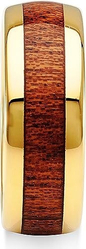 Men's 8mm Tungsten Yellow Gold Hawaii Koa Wood Comfort-Fit Polished Wedding Band