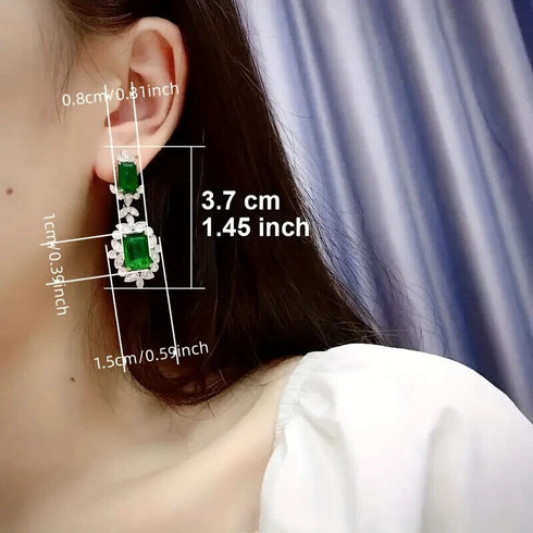 Luxury Green Dangle 18K White Gold-Plated Cubic Zirconia Bridal Earrings