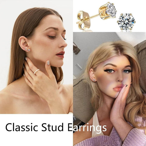 6Pairs 14K Gold Plated Cubic Zirconia 3/4/5/6/7/8mm Stud Earrings For Men Women