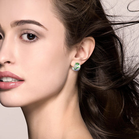 Elegant Enamel Leaf Design Gold Plated Cubic Zirconia Statement Women Earrings