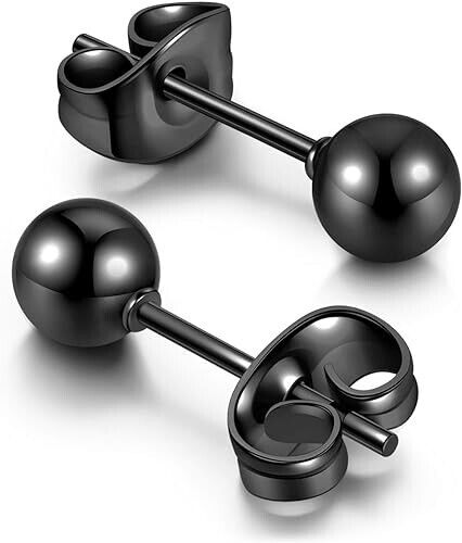 6Pairs 316L Surgical Steel Black Ball Round 3/4/5/6/7/8mm Men Women Stud Earring