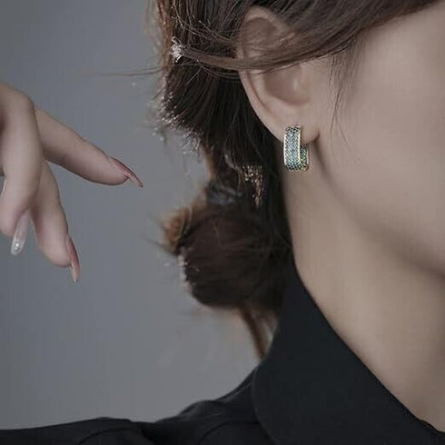 Elegant Micro Pave 14K Gold Plated Green Blue Cubic Zirconia Women Hoop Earrings