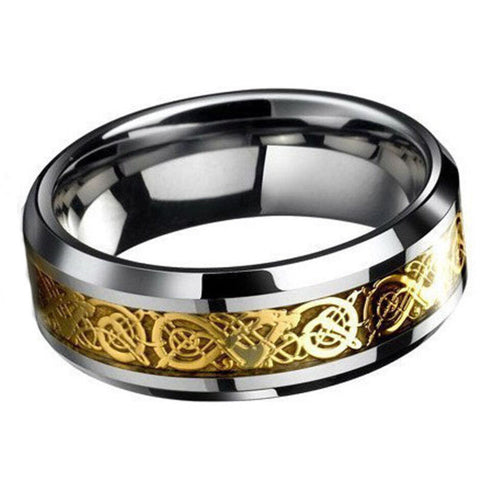 Men's 8mm Beveled Edge Comfort-Fit Yellow Celtic Dragon Tungsten Wedding Band