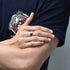Men's 8mm Titanium Silver Zebra Wood Inlay Sawtooth Edge Engagement Wedding Band