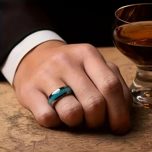 Men 8mm Tungsten Turquoise Domed Polished Carbon Fiber Comfort-Fit Wedding Band