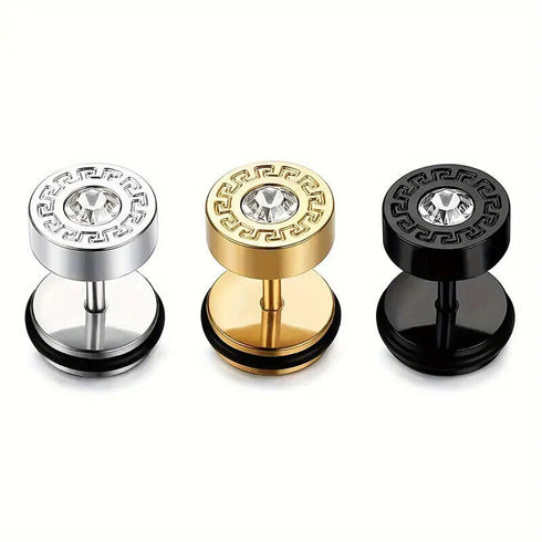 316L Surgical Steel Round Greek Pattern CZ Barbell Men & Women Stud Earrings
