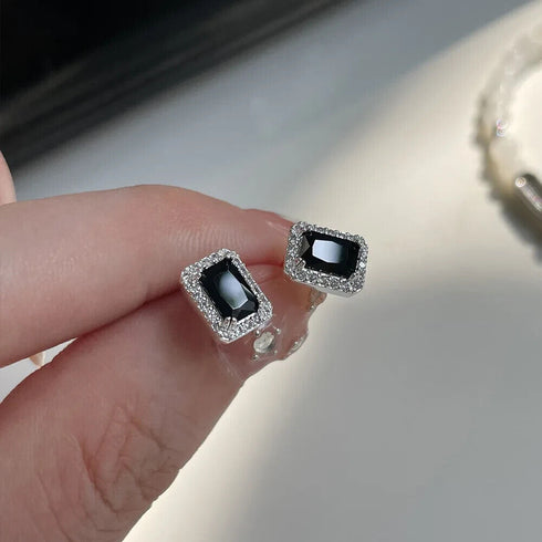 Baguette Cut 14K White Gold Plated Black Cubic Zirconia Men Women Stud Earrings