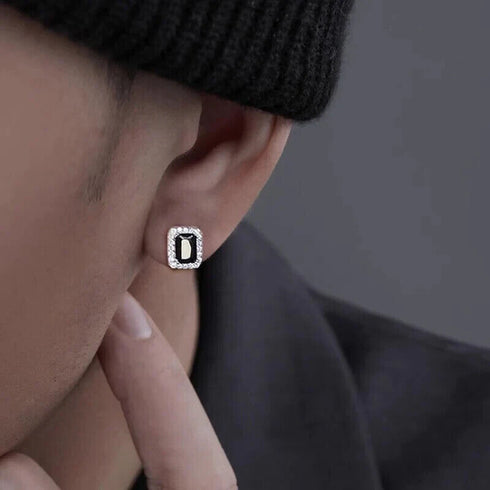Baguette Cut 14K White Gold Plated Black Cubic Zirconia Men Women Stud Earrings
