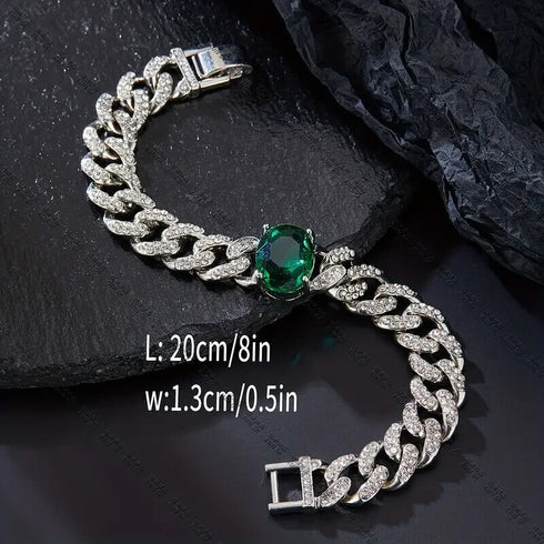 14K White Gold Plated Iced Cubic Zirconia Emerald Cuban Link Men Women Bracelet