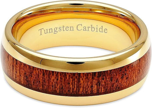 Men's 8mm Tungsten Yellow Gold Hawaii Koa Wood Comfort-Fit Polished Wedding Band
