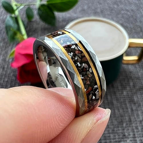 Men's 8mm Tungsten Dinosaur Bone & Meteorite Hammered Comfort-Fit Wedding Band