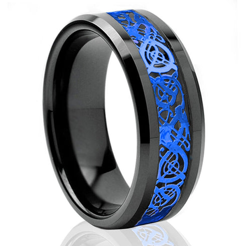Men's 8mm Beveled Edge Comfort-Fit Blue Celtic Dragon Tungsten Wedding Band Ring